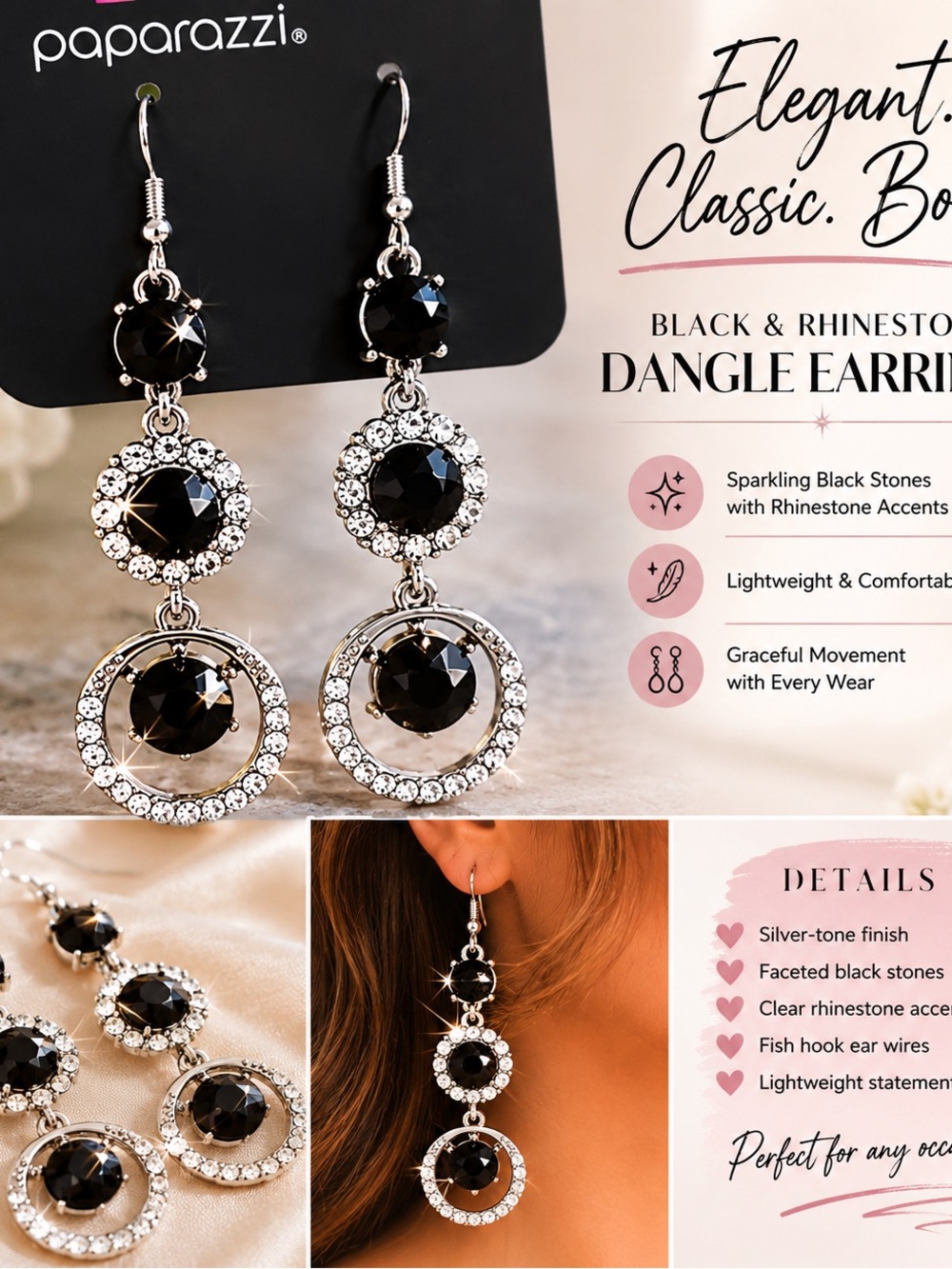 paparazzi Black and Silver Triple Drop Dangle Earrings